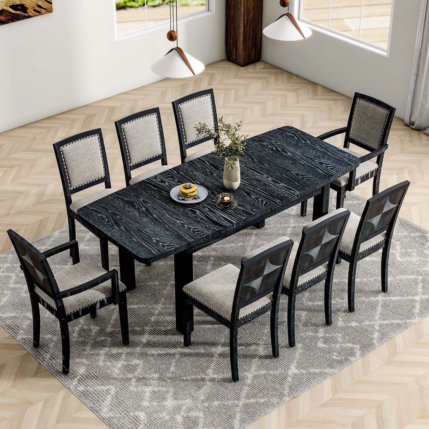 TOPMAX Rustic Extendable 84inch Dining Table Set with 24inch Removable Leaf , 6 Upholstered Armless Dining Chairs and 2 Padded Arm Chairs, 9 Pieces, Black