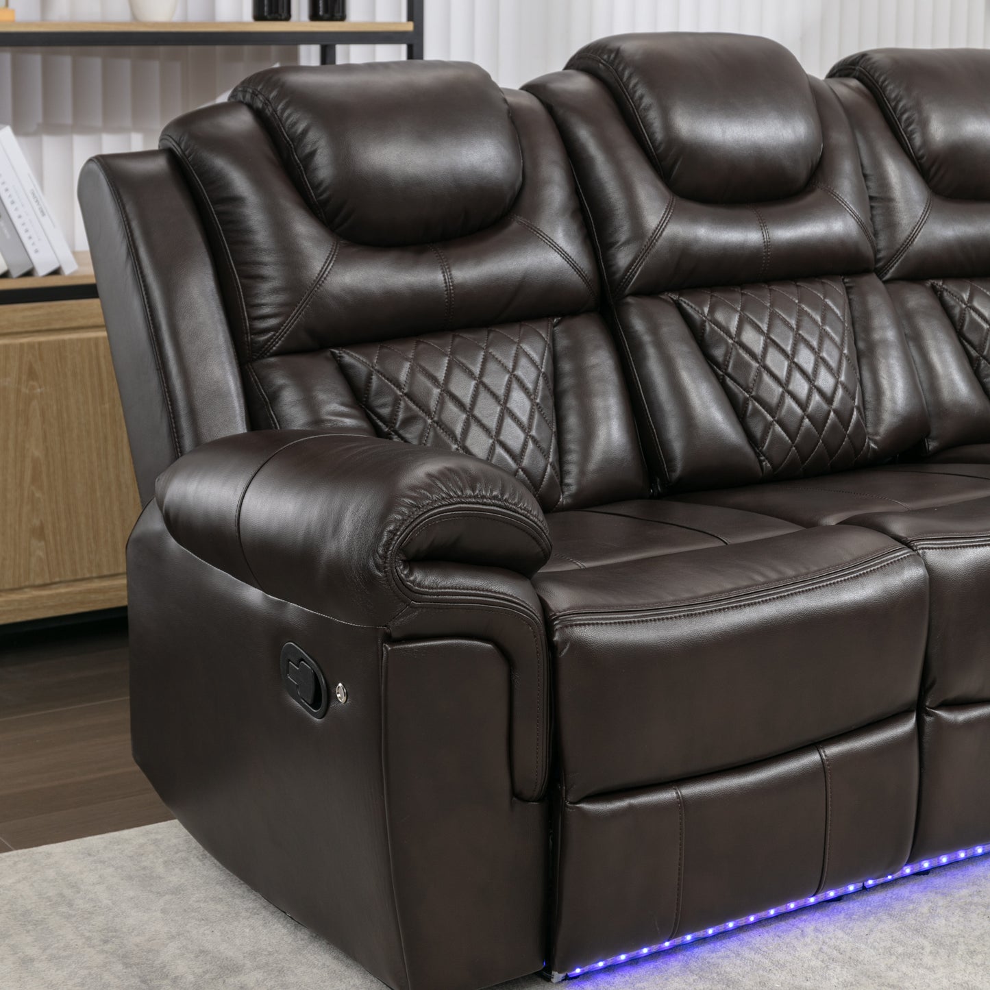 3 Pieces Recliner Sofa Sets Home Theater Seating Manual Recliner Chair with Center Console and LED Light Strip for Living Room, Brown