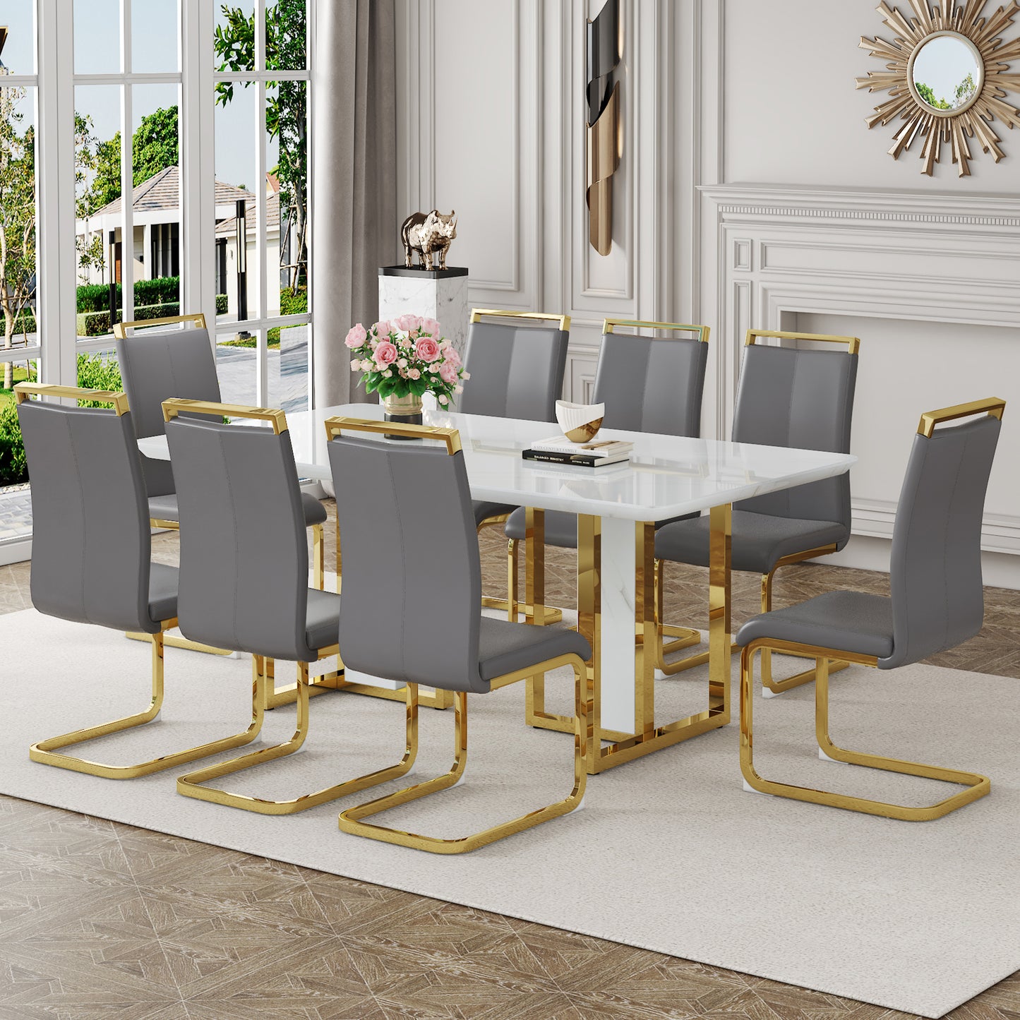 Table and chair set.67"x36" White marble pattern MDF Dining Table Set with 8 Dark Gray PU Chairs.MDF sticker,White marble pattern sticker,Gold C-tube chair legs,Suitable for kitchen,Dining room,etc.