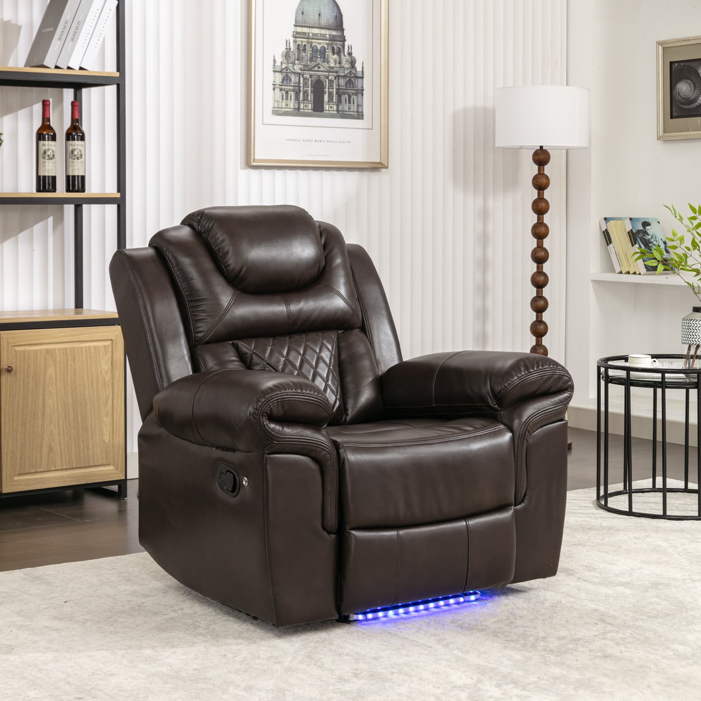 3 Pieces Recliner Sofa Sets Home Theater Seating Manual Recliner Chair with Center Console and LED Light Strip for Living Room, Brown