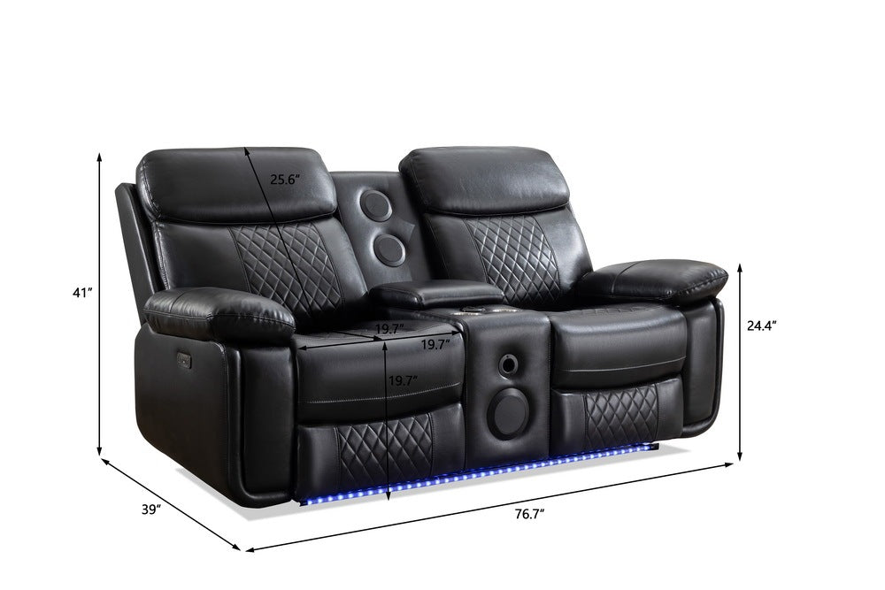 2 Pieces Power Reclining Sofa Sets,Technical leather Lounge Loveseat Reclining Couch w/ Bluetooth speaker / LED strip for Living Room,Black