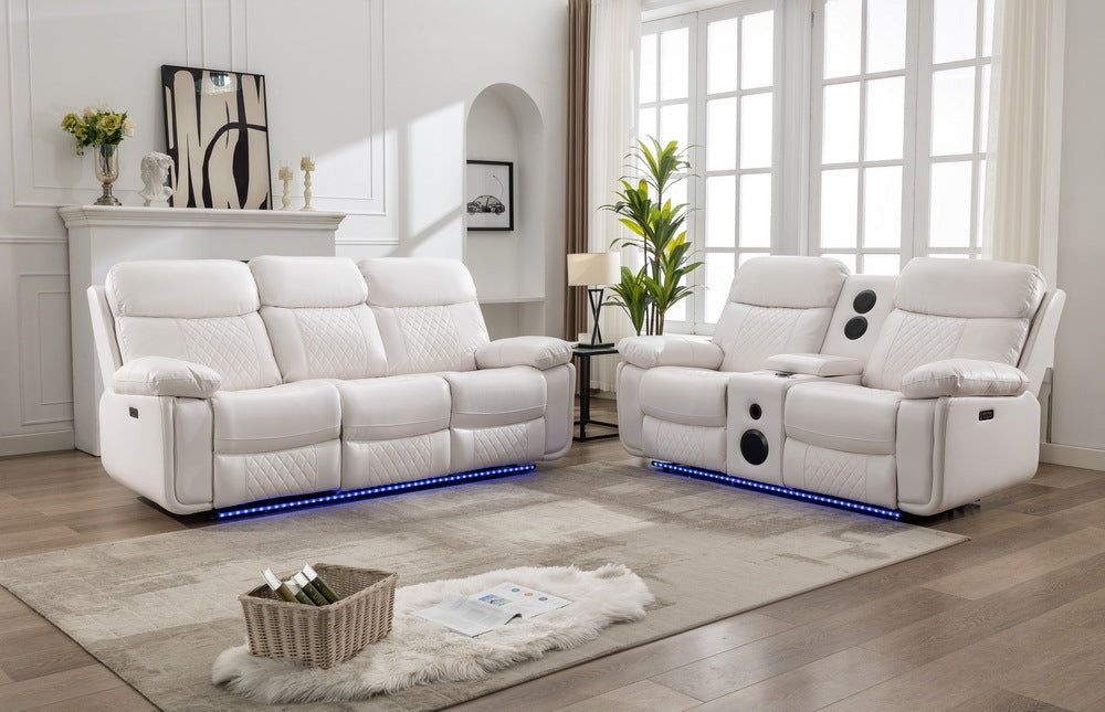 2 Pieces Power Reclining Sofa Sets,Technical leather Lounge Loveseat Reclining Couch w/ Bluetooth speaker / LED strip for Living Room,White