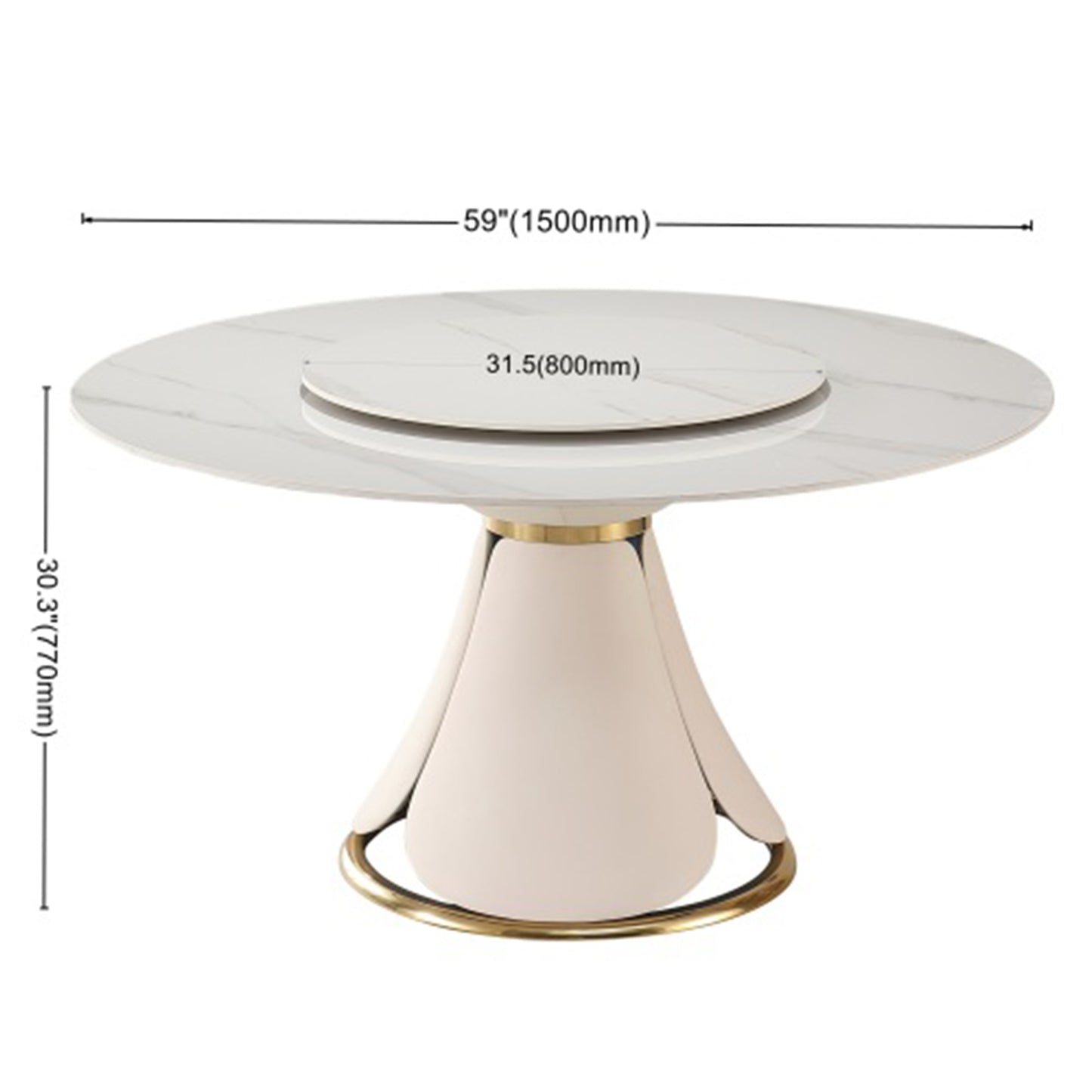 59.05"Modern Sintered stone dining table with 31.5" round turntable with wood and metal exquisite pedestal with 8pcs Chairs