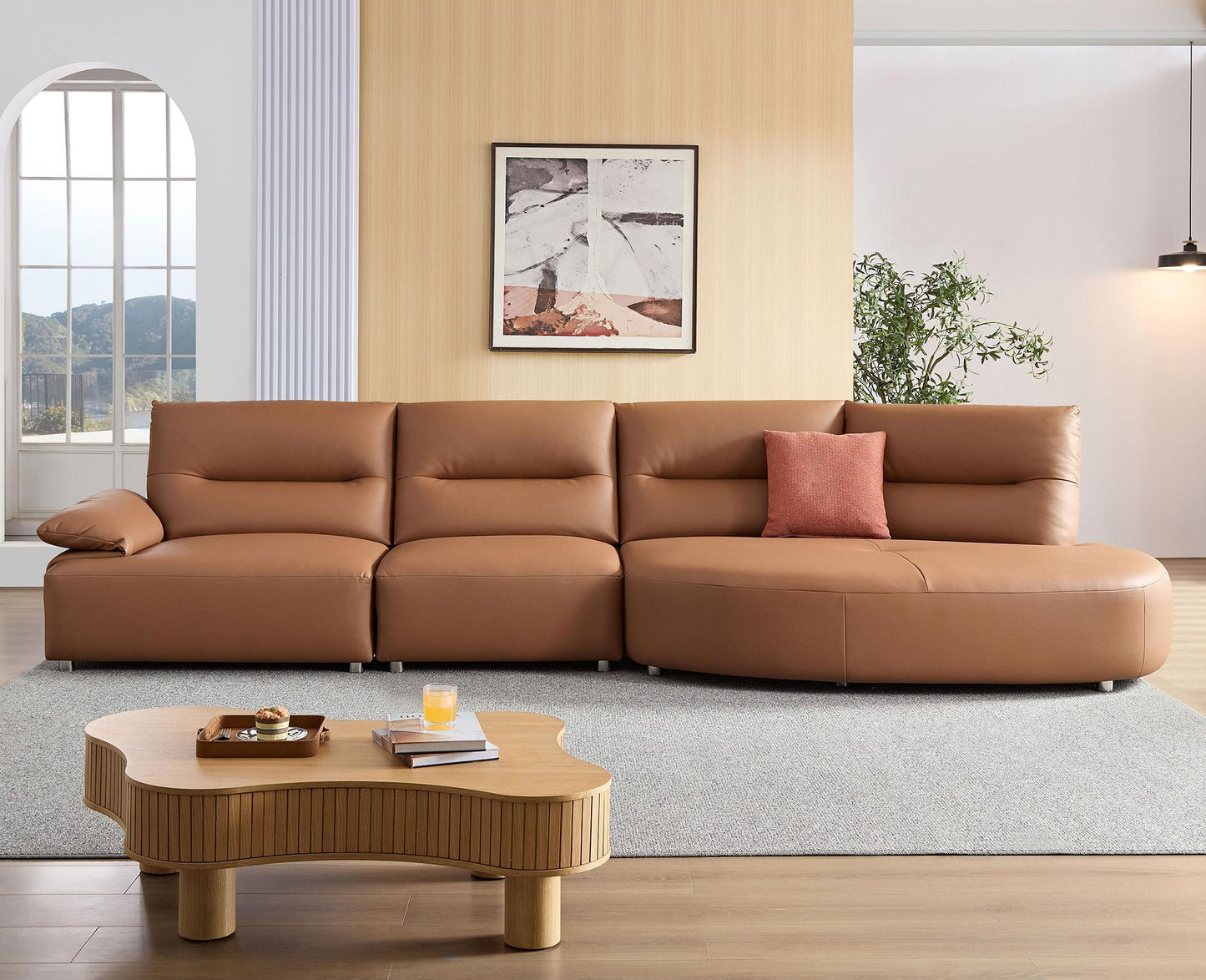 147.24'' Oversied Modern Sectional Curved Shaped Sofa Couch for Living Room,Upholstered 5-Seat Sofa Eco-leather Couch Set,Brown