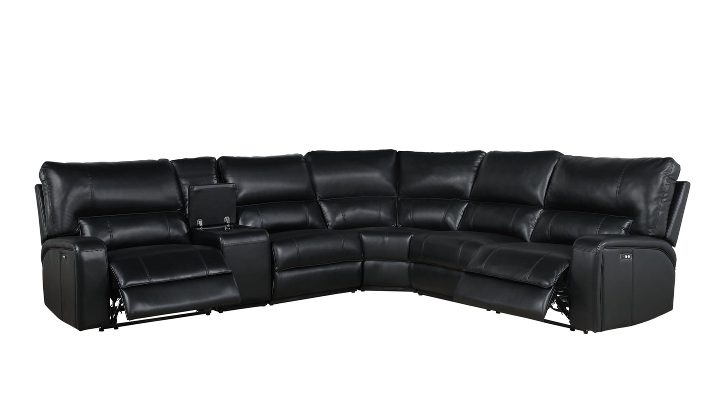 Saul Black Leather Aire Power Recliner Sectional Sofa w/ USB Port & Cupholder Console