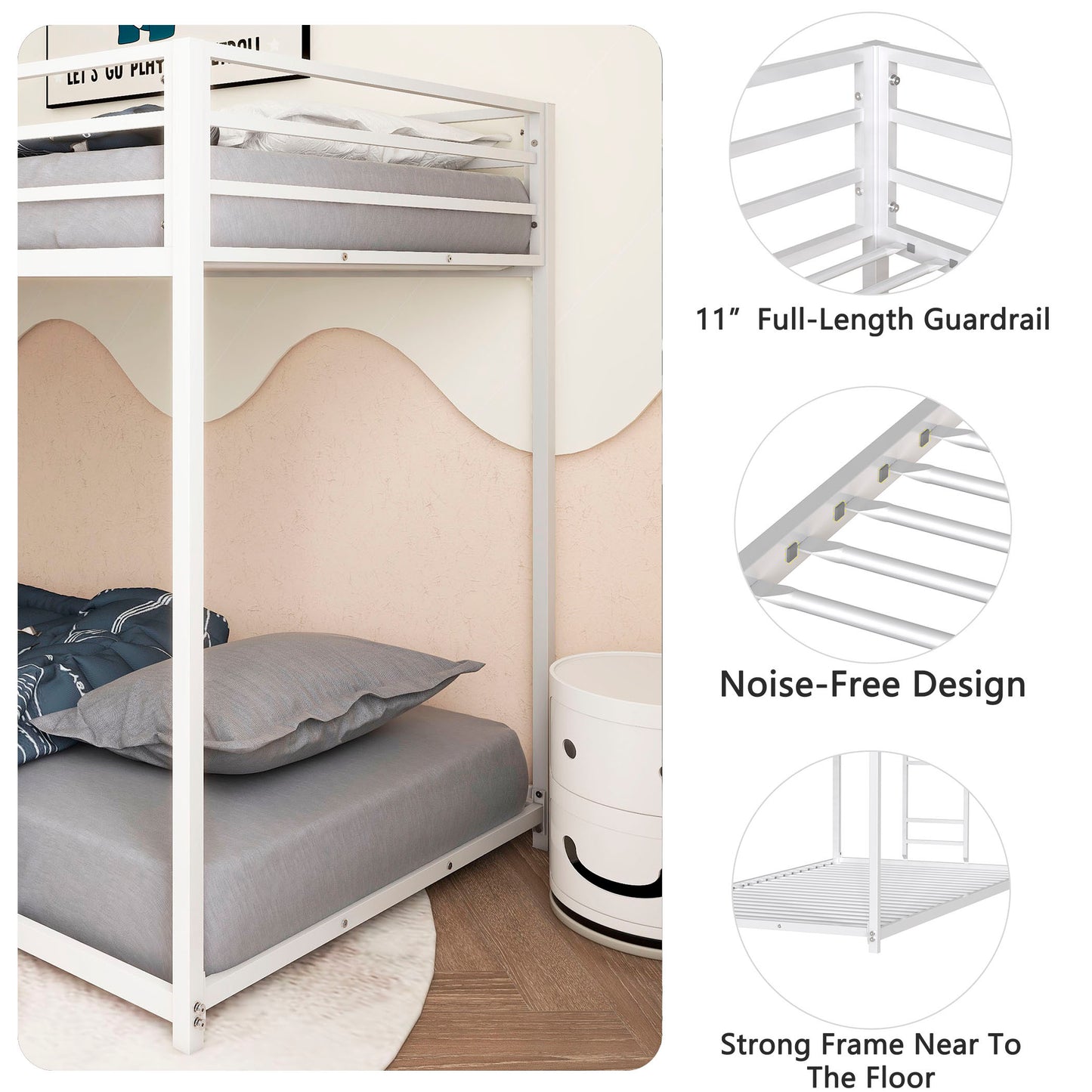 Adam Sturdy Twin over Twin Metal Bunk White for Kids and Adult, Low Profile and Easy Climbing with Stable Ladder