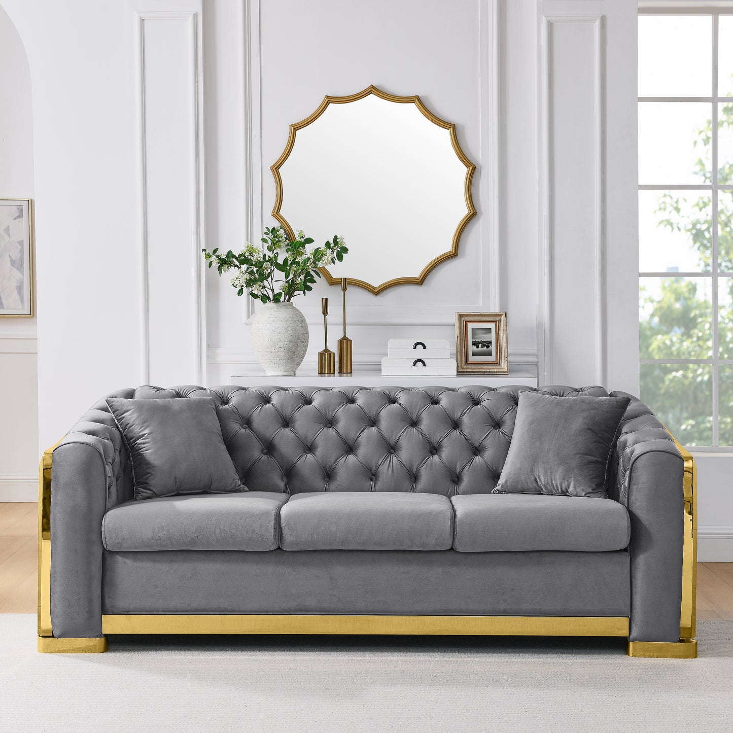 Velvet Luxury Chesterfield Sofa Set, 84 Inches Tufted 3 Seat Couch with Gold Stainless for Living Room, Grey Fabric