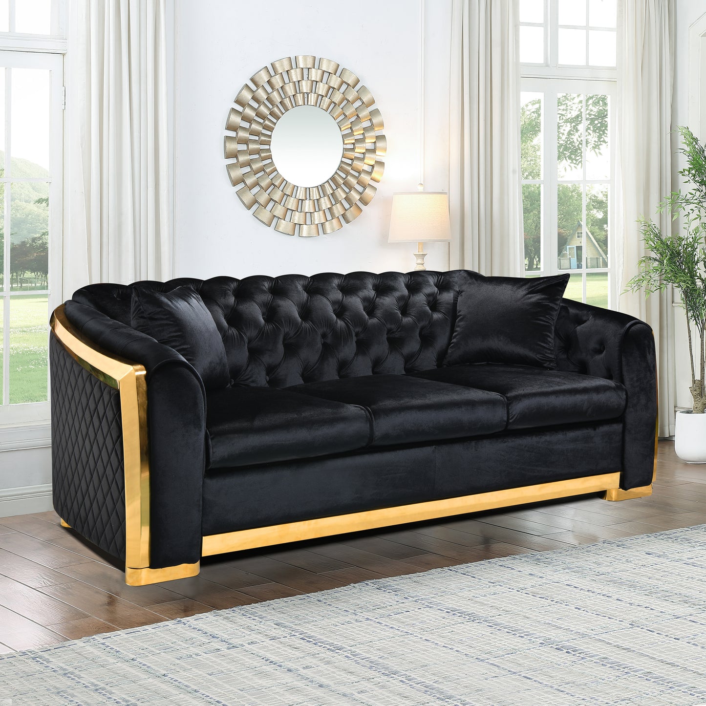 Velvet Luxury Chesterfield Sofa Set, 84 Inches Tufted 3 Seat Couch with Gold Stainless for Living Room, Black Fabric