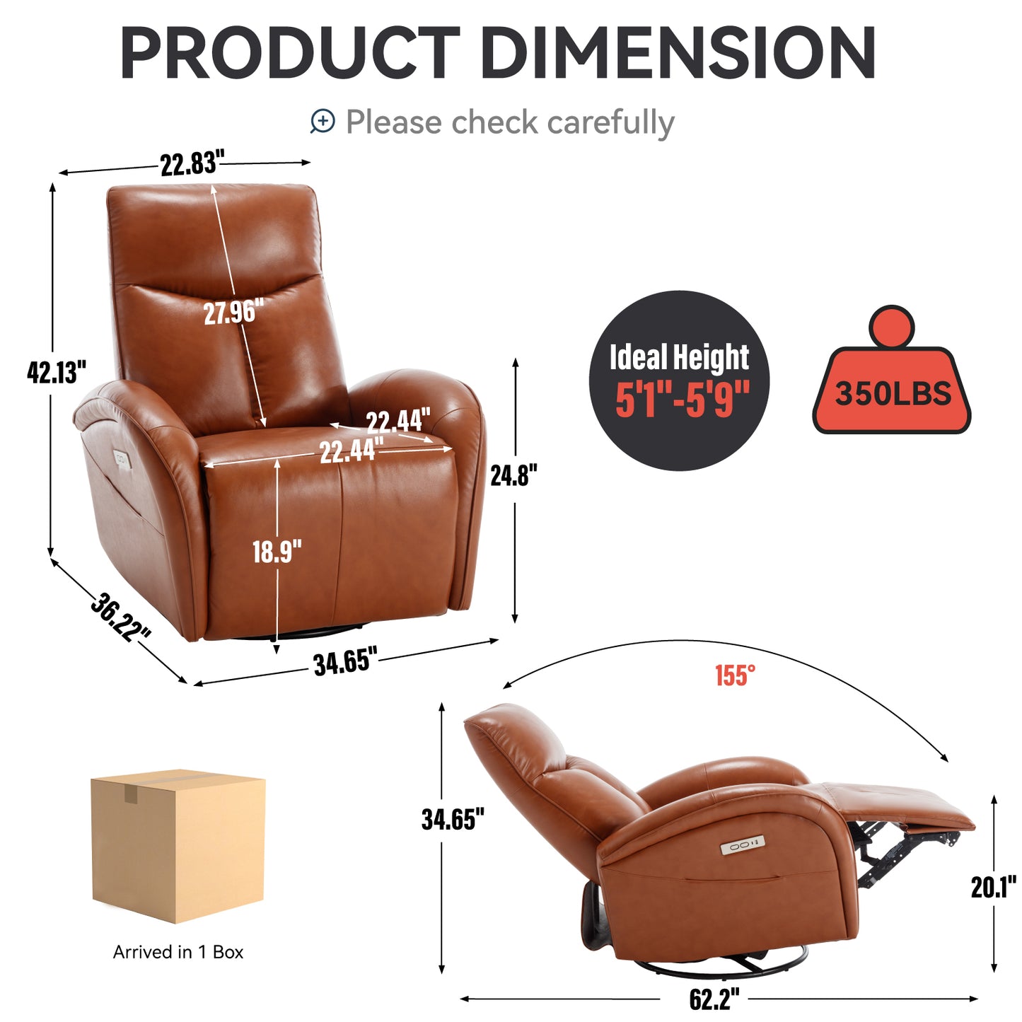 Yellow Brown Genuine Leather Swivel and Rocker Power Recliner Chair with Lumbar Support, Max Swivel Degree 270°, Heavy Duty Motion Mechanism with USB and Type-C