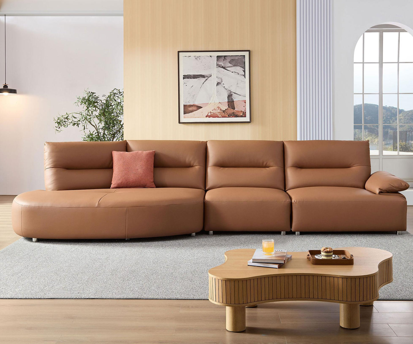 147.24'' Oversied Modern Sectional Curved Shaped Sofa Couch for Living Room,Upholstered 5-Seat Sofa Eco-leather Couch Set ,Brown