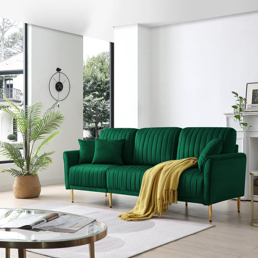 Living Room Furniture Upholstered Couch Sofa with Reversible Cushions for Home or Office 3-Seat Green Velvet