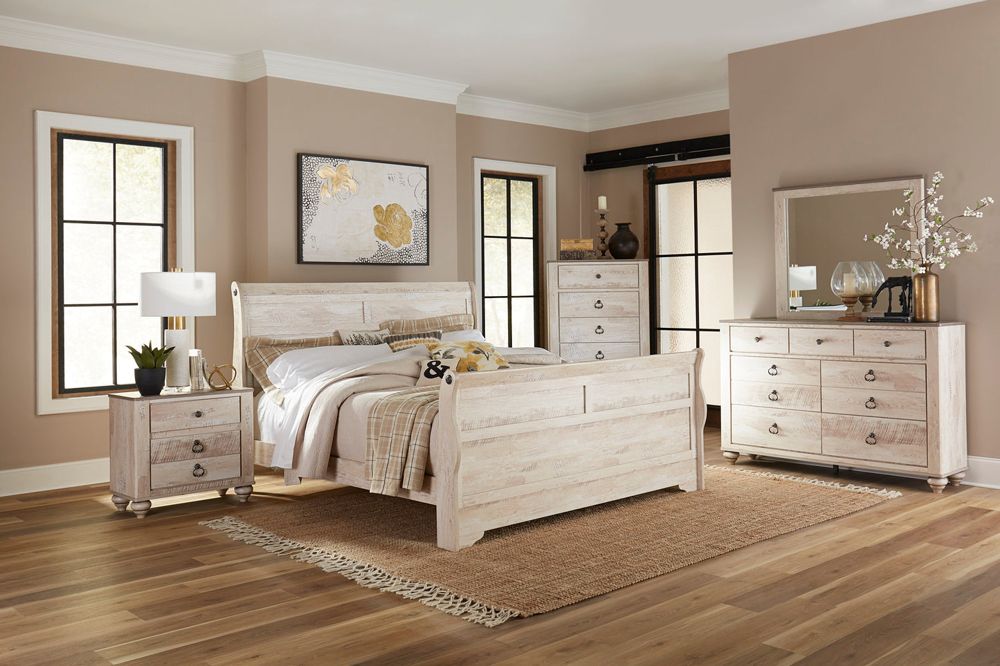 Imerland Contemporary White Wash Finish Bedroom Set with Queen Sleigh Bed, Dresser, Mirror, Nightstand, Chest