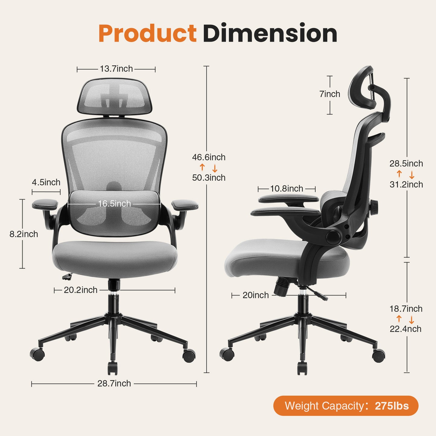 High Back Desk Chair with Adjustable Lumbar Support & Headrest,Comfortable Mesh Computer Chair with Soft Flip Up Arms, Adjustable Height and 120°Tilt,gray