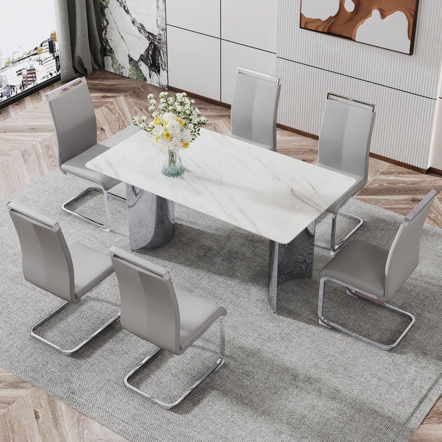 Modern minimalist dining table. Imitation marble glass sticker desktop, stainless steel legs, stable and beautiful. 6 premium PU seats. 63 inches * 35.4 inches * 29.5 inches DT-69 C-1162