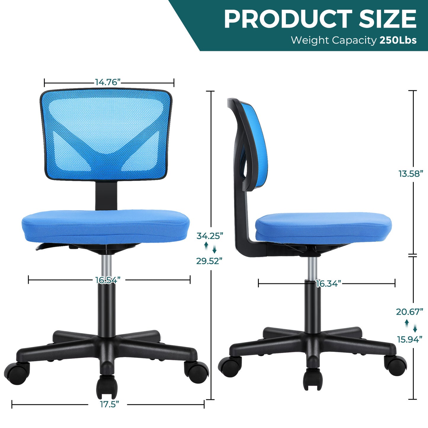 Sweetcrispy Armless Desk Chair Small Home Office Chair with Lumbar Support