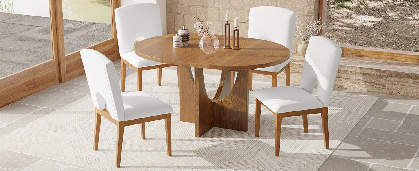 TOPMAX Modern 5-Piece Extendable Round Dining Table Set with 16.2inch Removable Leaf for Small Places, Walnut+Beige