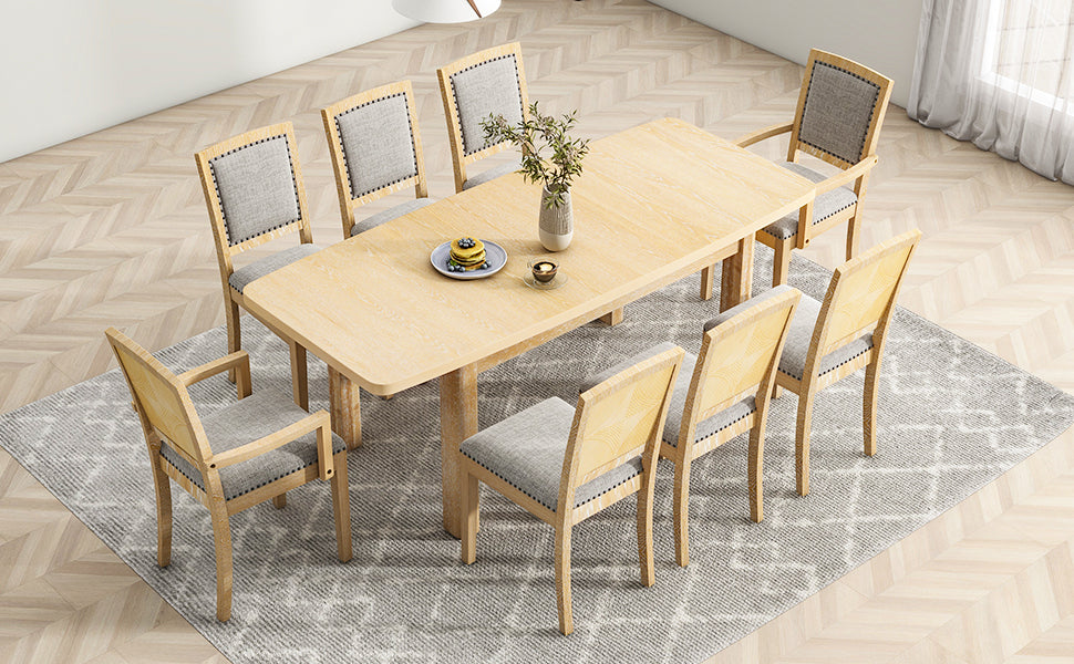 TOPMAX Rustic Extendable 84inch Dining Table Set with 24inch Removable Leaf , 6 Upholstered Armless Dining Chairs and 2 Padded Arm Chairs, 9 Pieces, Natural