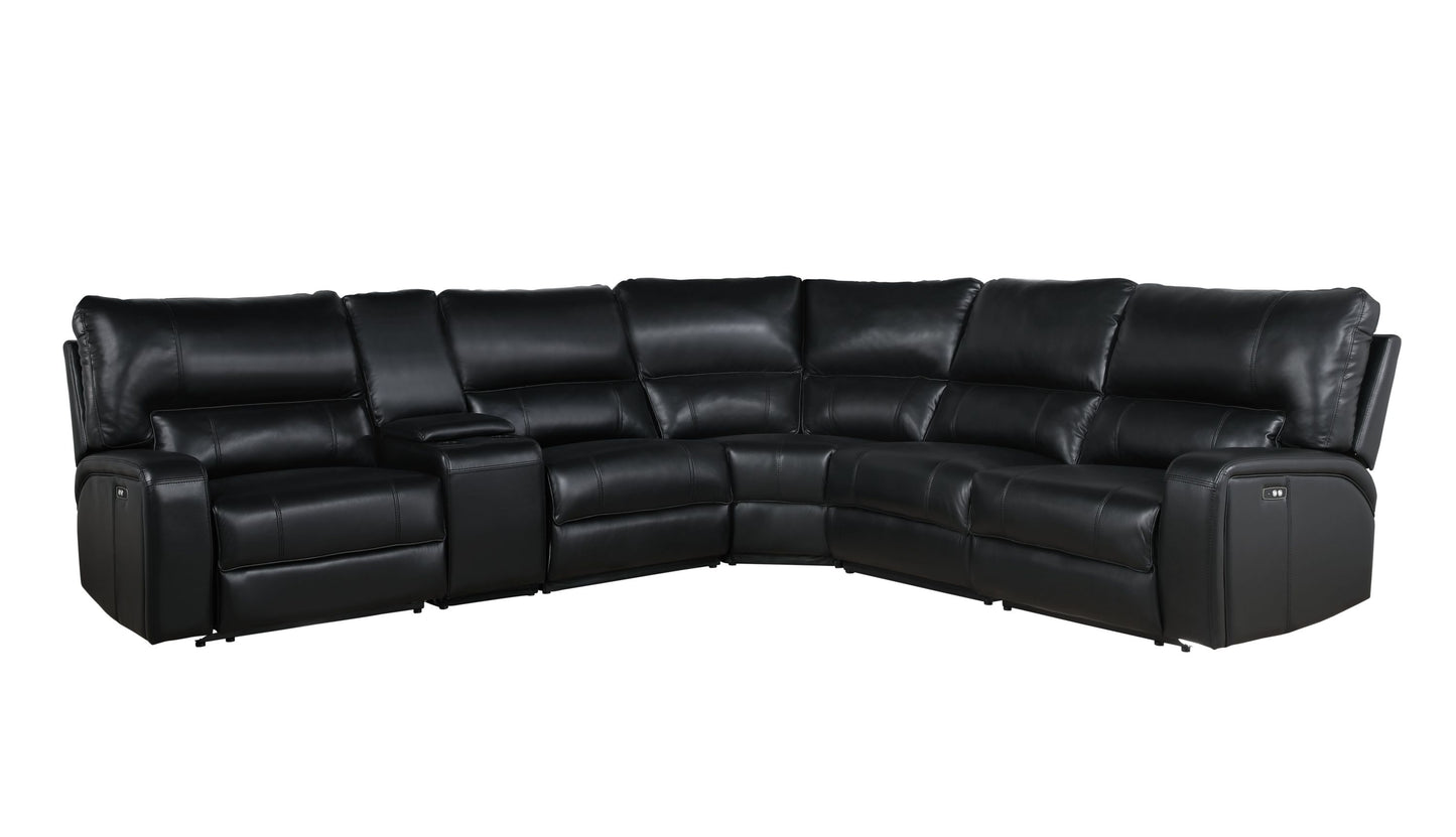 Saul Black Leather Aire Power Recliner Sectional Sofa w/ USB Port & Cupholder Console