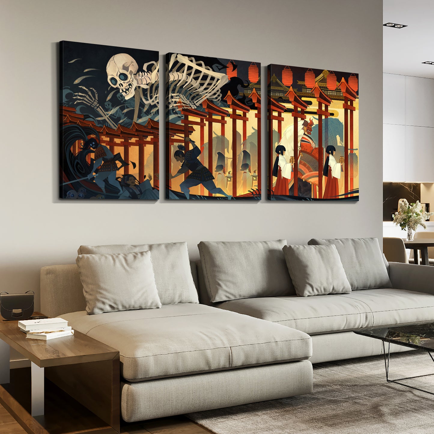 3 panels Framed Canvas Japanese Wall Art Decor,3 Pieces  Ukiyo-e Style Painting Decoration Painting for Chrismas Gift, Office,Dining room,Living room, Bathroom, Bedroom Decor-Ready to Hang