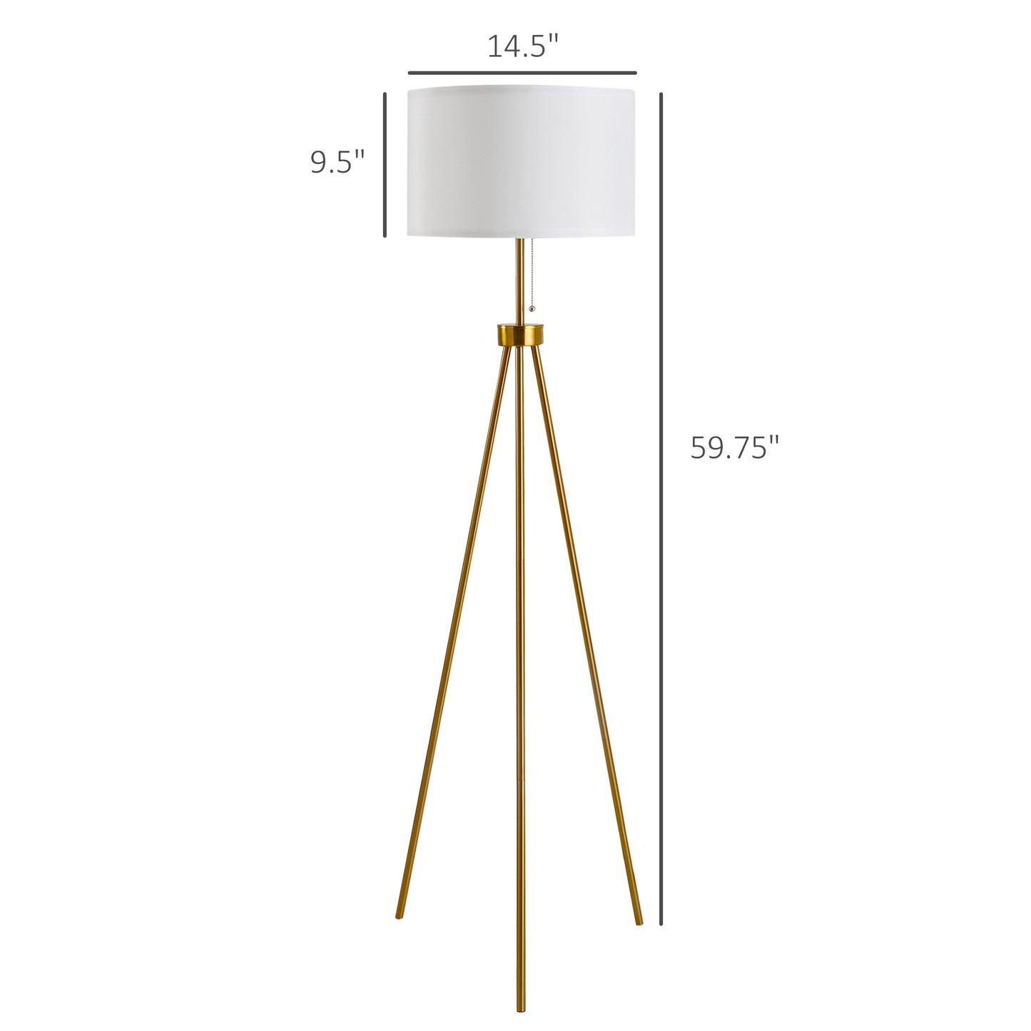 Homcom 59.75" Standing Floor Lamp Fabric Lampshade Steel Tripod, Gold