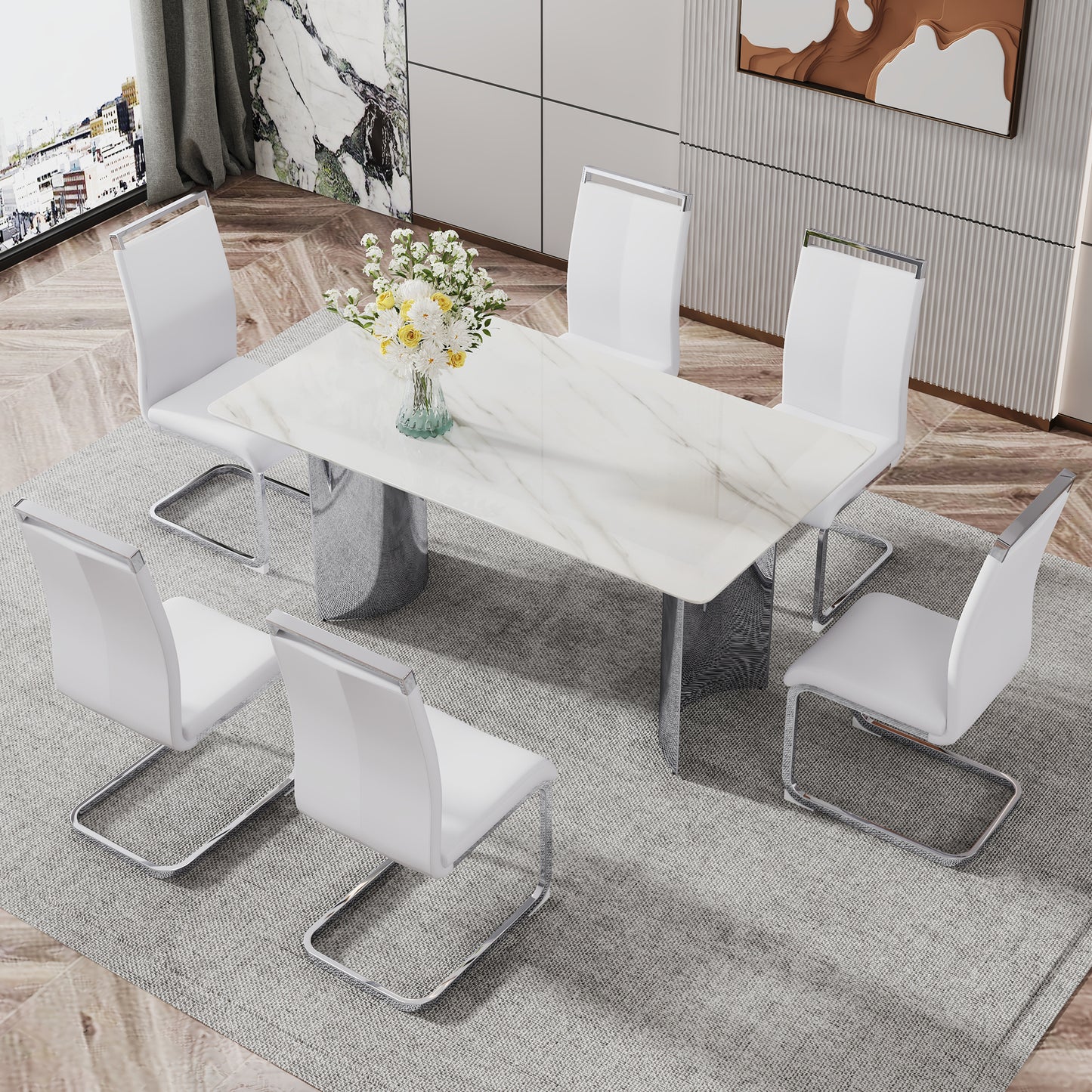 Modern minimalist dining table. Imitation marble glass sticker desktop, stainless steel legs, stable and beautiful. 6 premium PU seats. 63 inches * 35.4 inches * 29.5 inches DT-69 C-1162