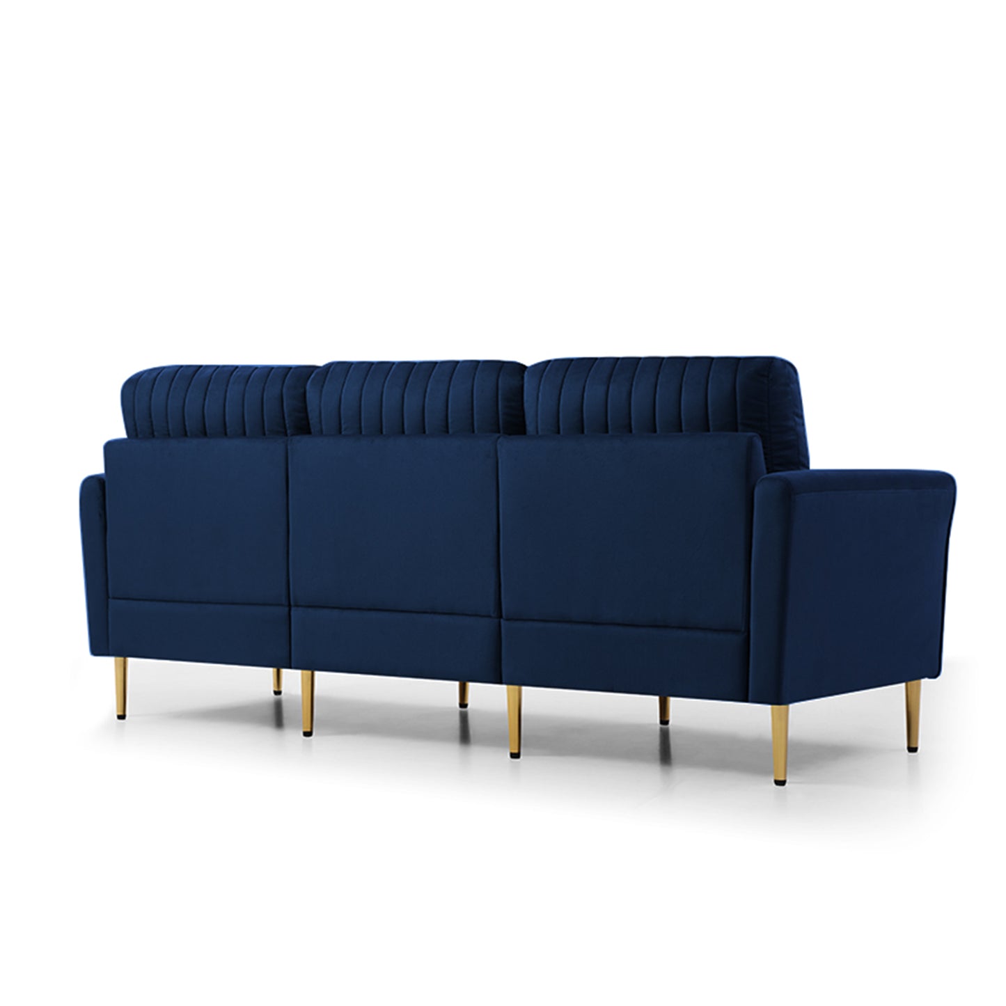 81.9" Navy Blue Velvet Channel Tufted Upholstered 3-Seater Sofa Scrolled Arms With 3 Pillows