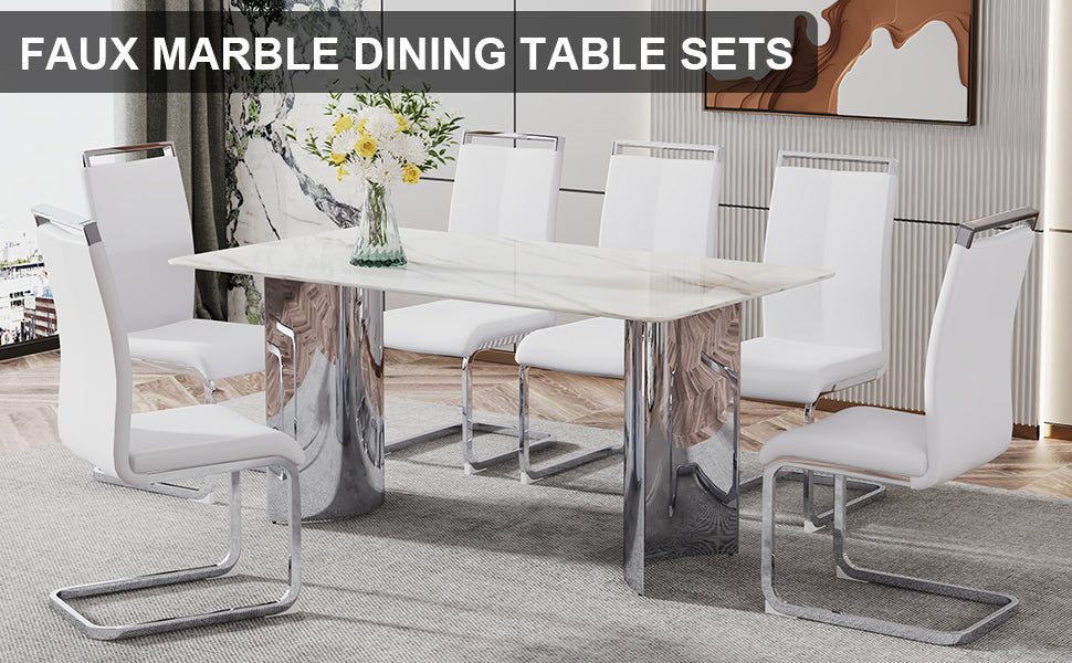 Modern minimalist dining table. Imitation marble glass sticker desktop, stainless steel legs, stable and beautiful. 6 premium PU seats. 63 inches * 35.4 inches * 29.5 inches DT-69 C-1162