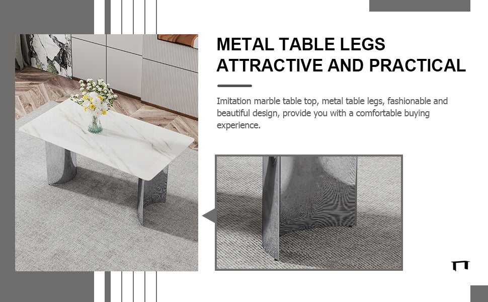 Modern minimalist dining table. Imitation marble glass sticker desktop, stainless steel legs, stable and beautiful. 6 premium PU seats. 63 inches * 35.4 inches * 29.5 inches DT-69 C-1162