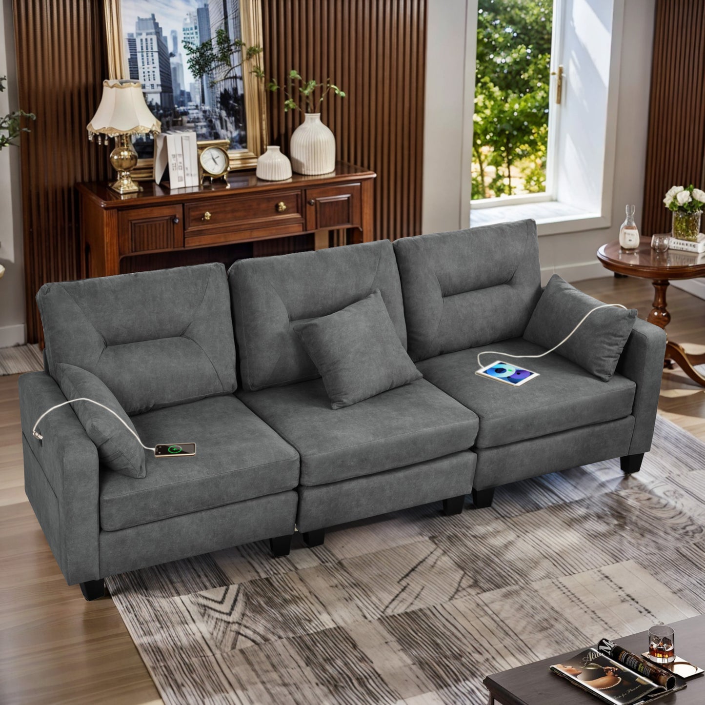 Oversized 86.1'' L Shaped Modular Sectional Couches with USB Ports, Lumbar Pillows