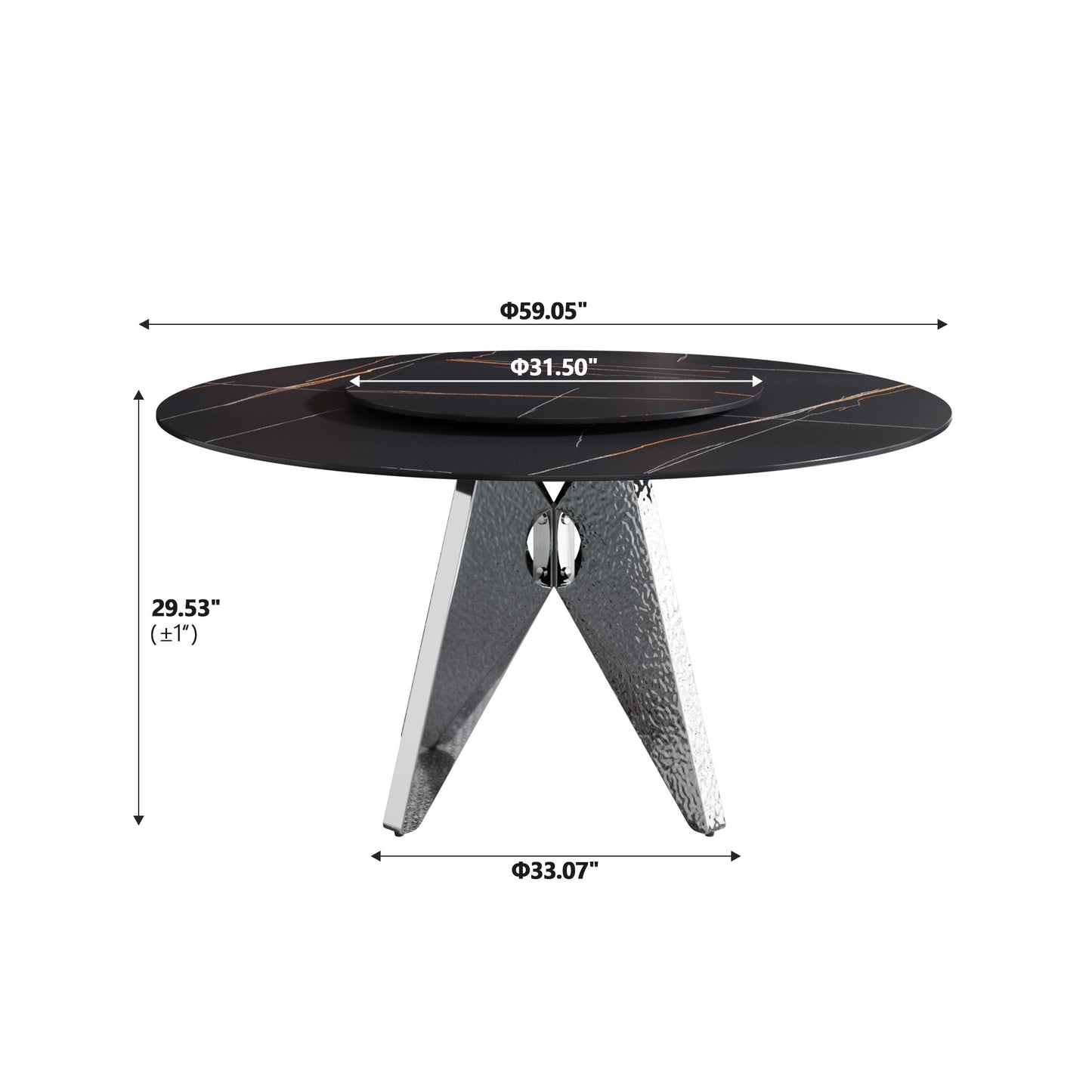 59.05" Round Marble Dining Table with Silver Stainless Steel Design Base, Artificial Marble for 6-8 People, 31.5"Black Artificial Stone Turntable,Black (Dining Table Only)