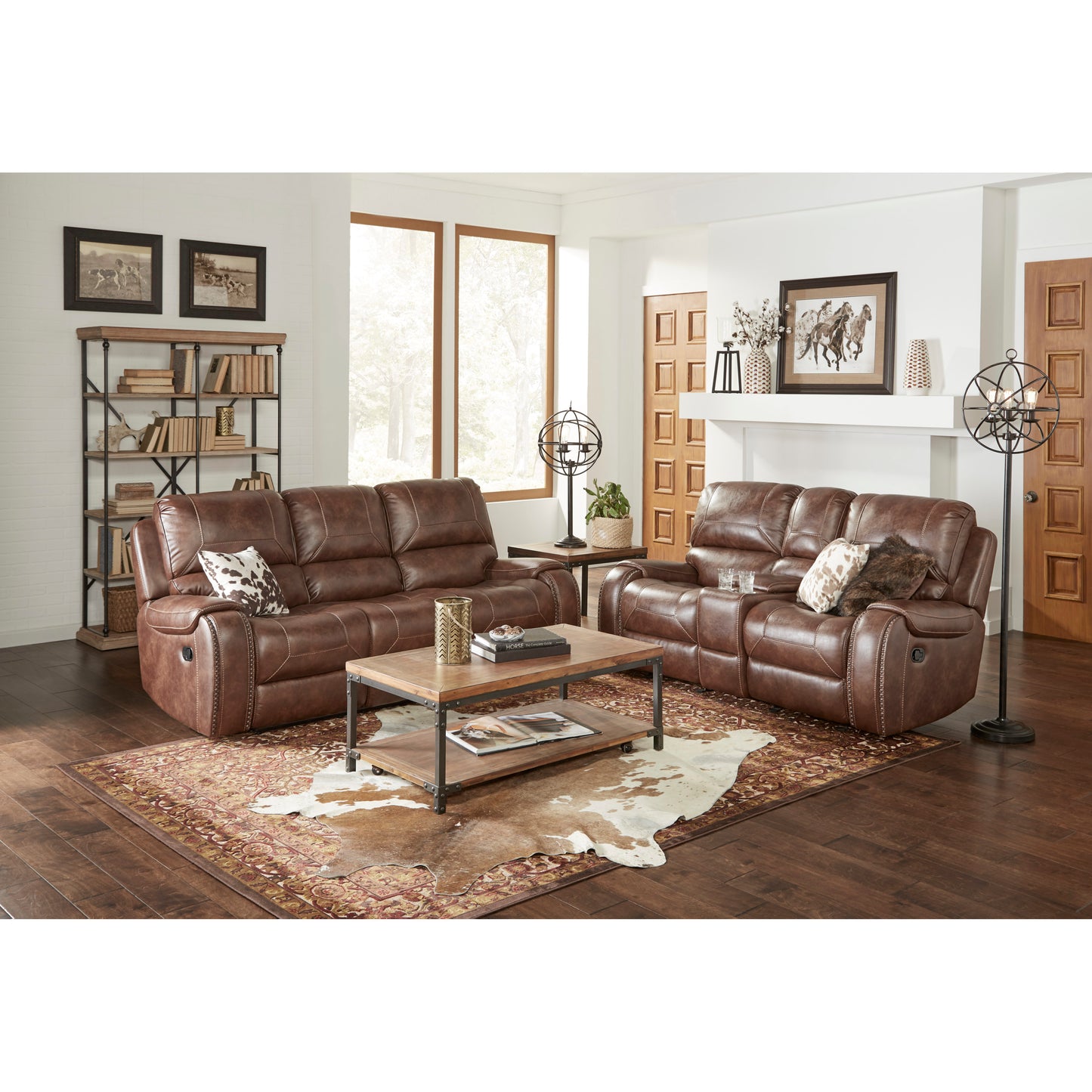 Achern Brown Leather-Air Nailhead Manual Reclining Sofa with Storage Console and USB Port