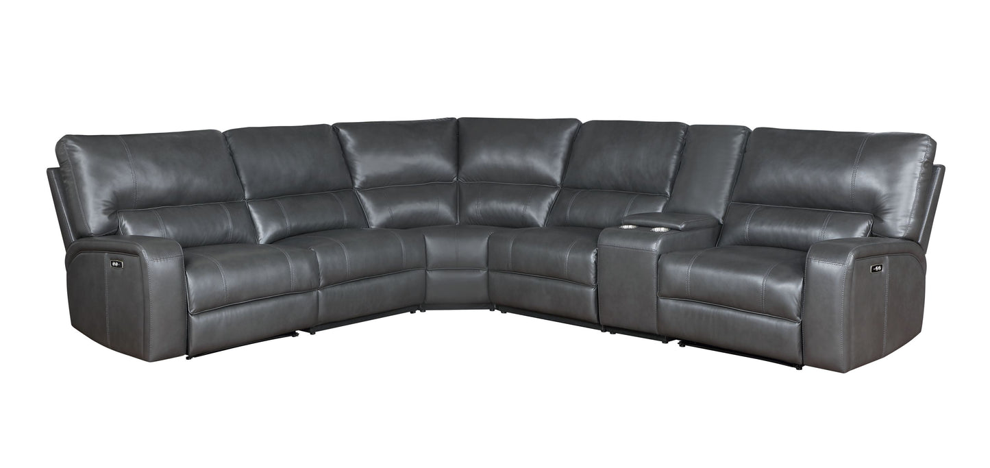 Saul Gray Leather Aire Power Motion Sectional Sofa w/ USB Port & Cupholder Console