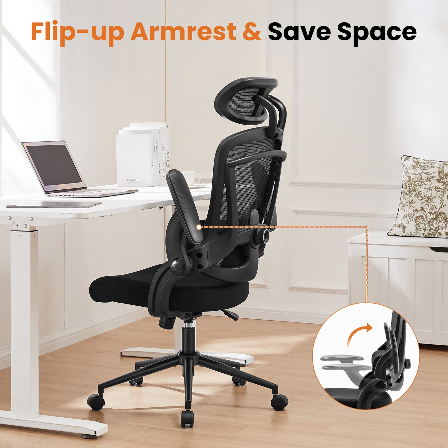 High Back Desk Chair with Adjustable Lumbar Support & Headrest,Comfortable Mesh Computer Chair with Soft Flip Up Arms, Adjustable Height and 120°Tilt,Black