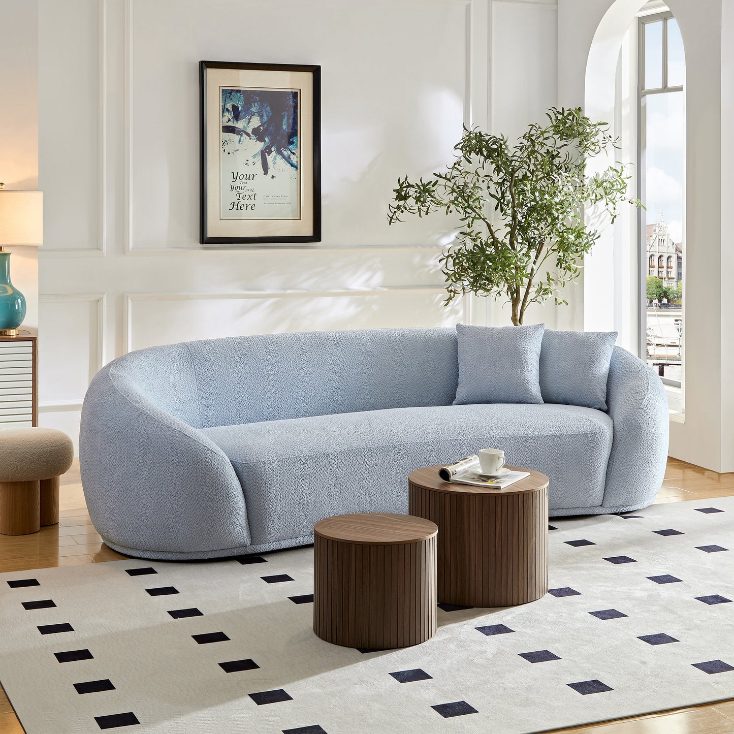 3 seater sofa Modern combination Half Moon casual teddy wool sofa Curved sofa, blue sky