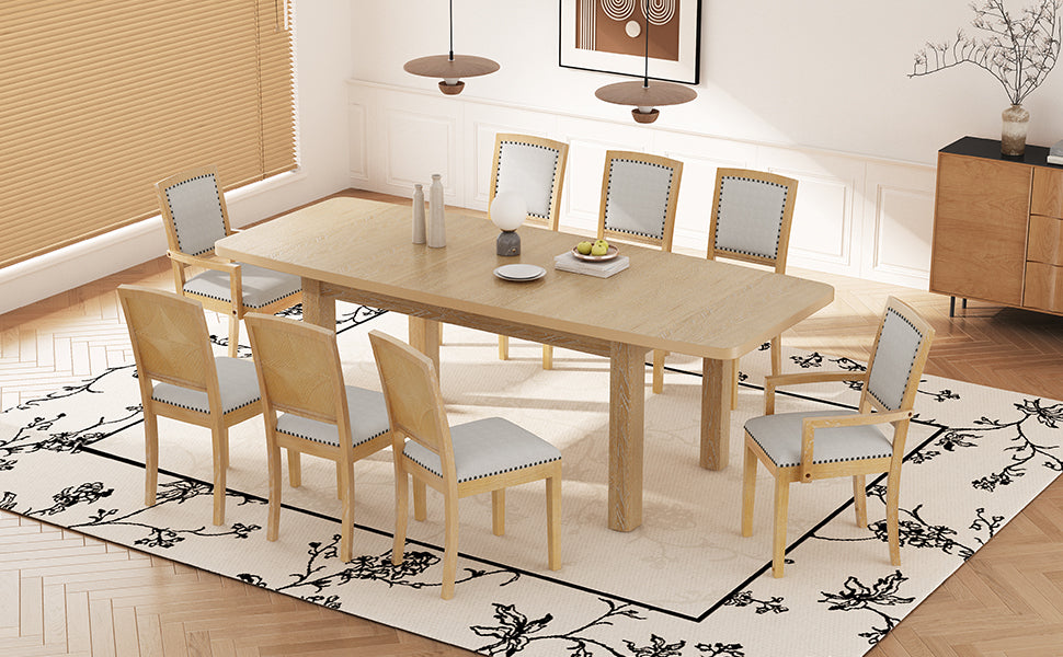 TOPMAX Rustic Extendable 84inch Dining Table Set with 24inch Removable Leaf , 6 Upholstered Armless Dining Chairs and 2 Padded Arm Chairs, 9 Pieces, Natural