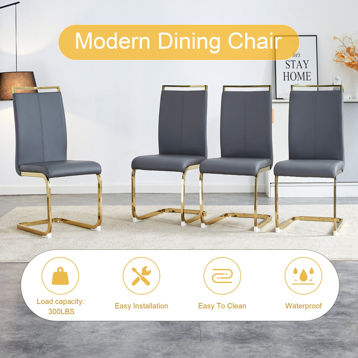 Table and chair set.67"x36" White marble pattern MDF Dining Table Set with 8 Dark Gray PU Chairs.MDF sticker,White marble pattern sticker,Gold C-tube chair legs,Suitable for kitchen,Dining room,etc.