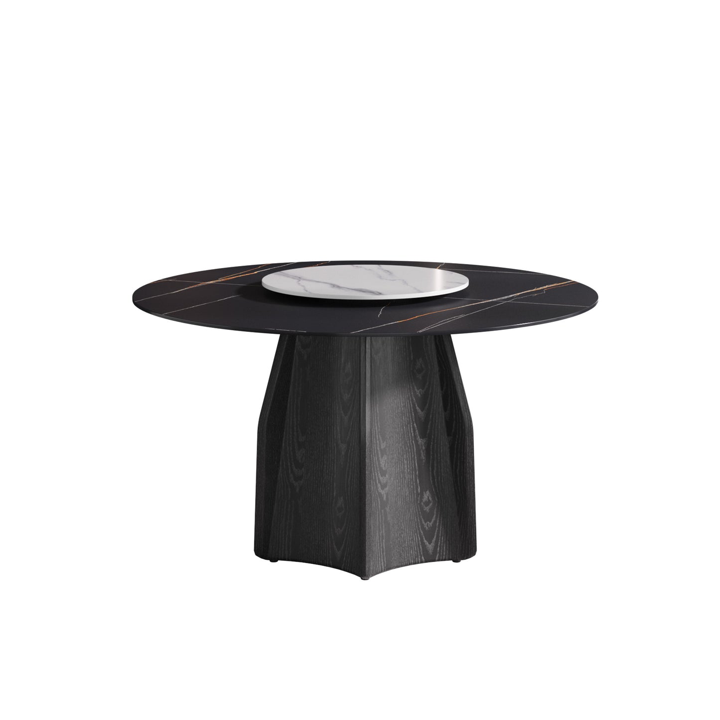 53" Round Marble Dining Table with Black Textured Solid Wood Base, Artificial Marble for 6 People, 23.62"White Artificial Stone Turntable,Black&White (Dining Table Only)