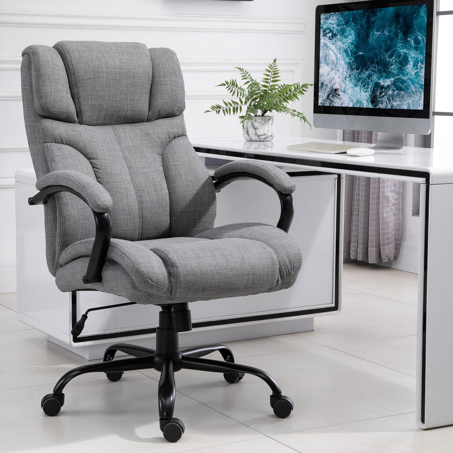 500lbs Big and Tall Office Chair with Wide Seat, Ergonomic Executive Computer Chair with Adjustable Height, Swivel Wheels and Linen Finish, Light Grey