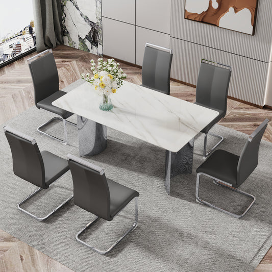 Modern minimalist dining table. Imitation marble glass sticker desktop, stainless steel legs, stable and beautiful. 6 premium PU seats. 63 inches * 35.4 inches * 29.5 inches DT-69 C-1162