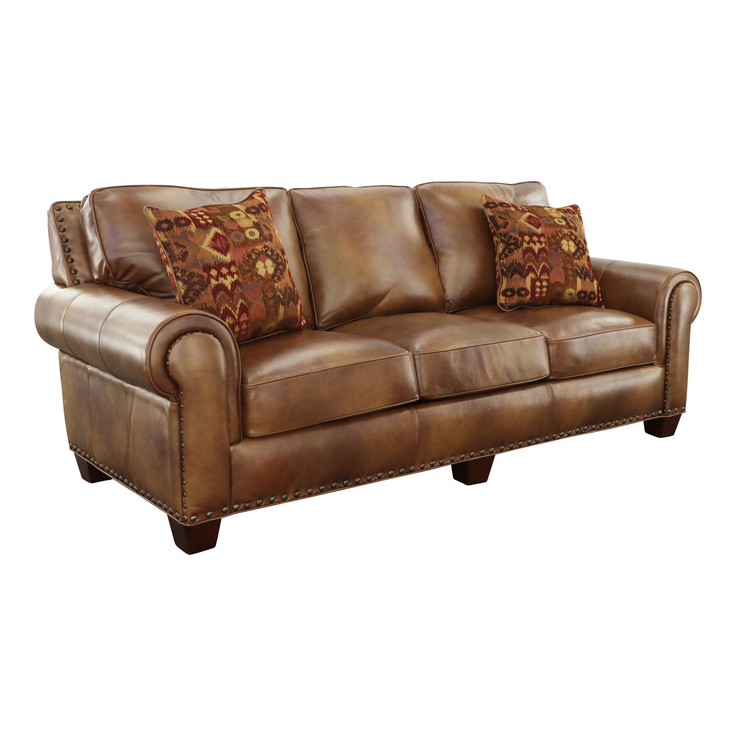 Rustic Styled Leather Sofa - Premium Construction, Top-Grain Leather - Eight-Way Hand-Tied Springs, Nail-Head Trim, Contrasting Pillows