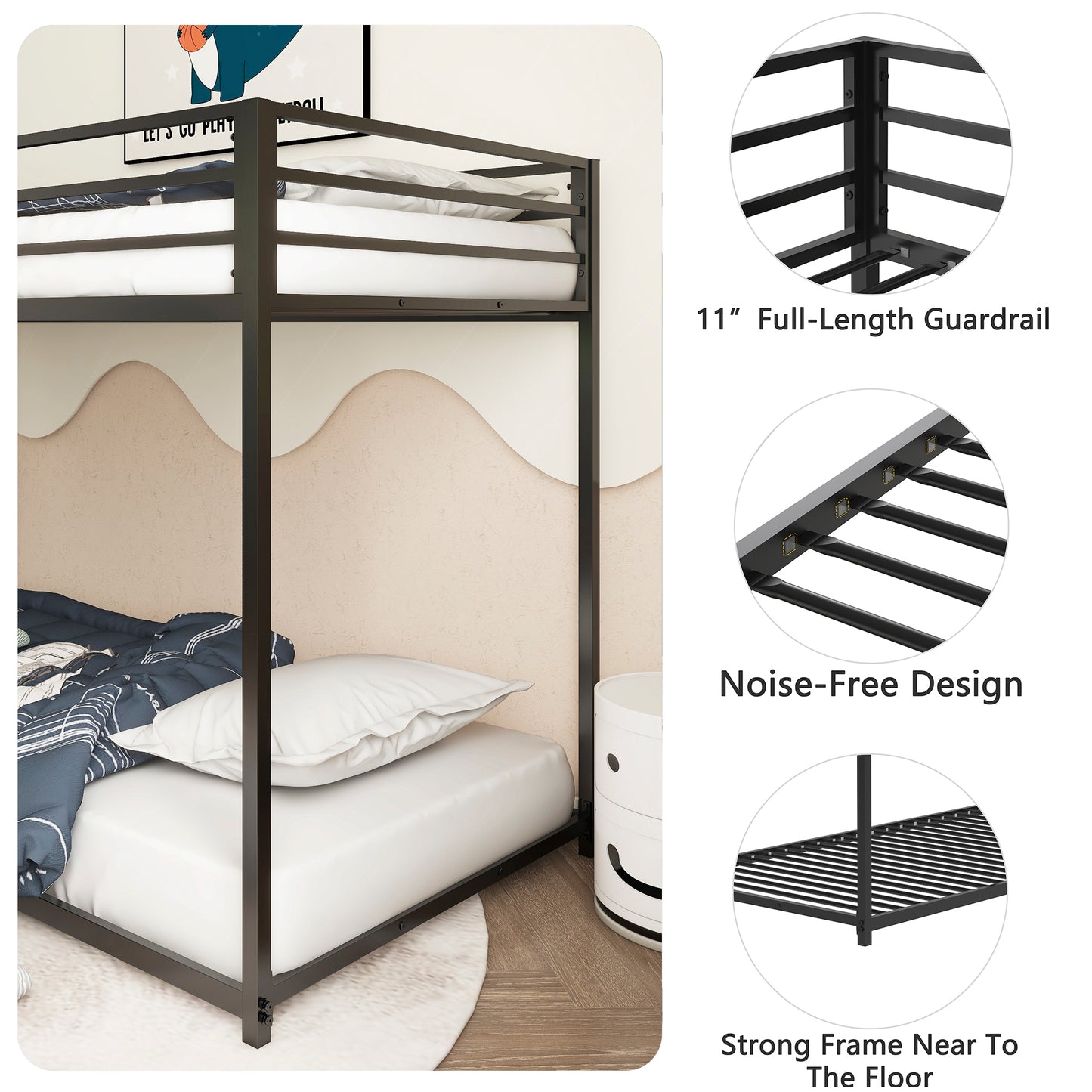 Adam Sturdy Twin over Twin Metal Bunk Black for Kids and Adult, Low Profile and Easy Climbing with Stable Ladder