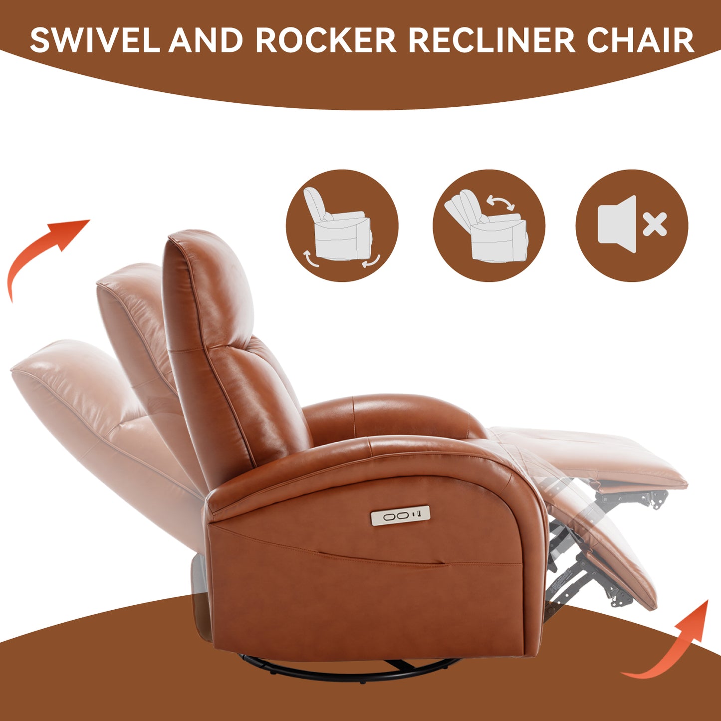 Yellow Brown Genuine Leather Swivel and Rocker Power Recliner Chair with Lumbar Support, Max Swivel Degree 270°, Heavy Duty Motion Mechanism with USB and Type-C