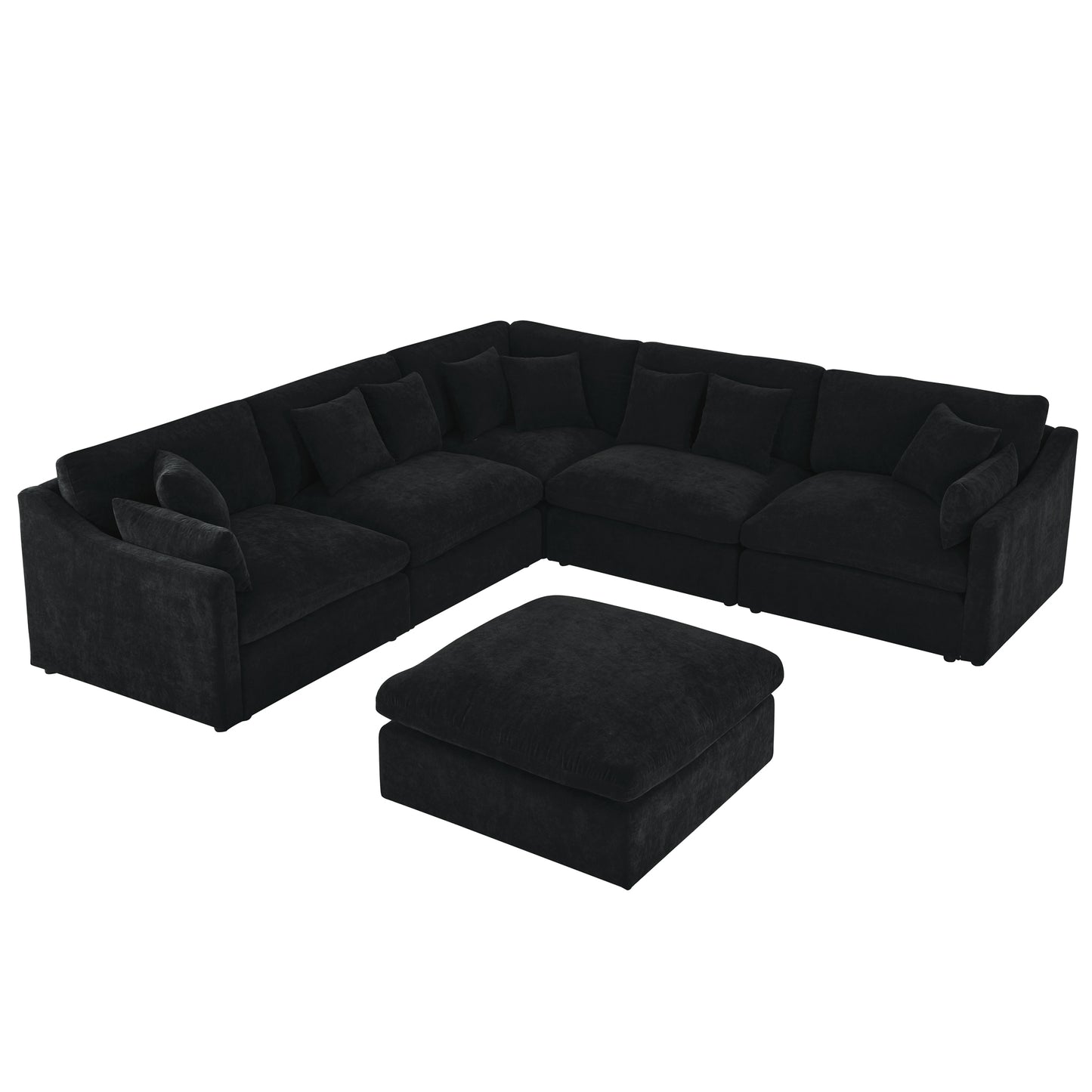 6-Seats Modular L-Shaped Sectional Sofa with Ottoman,10 Pillows, Oversized Upholstered Couch w/Removabled Down-Filled Seat Cushion  for Living Room, Chenille Black