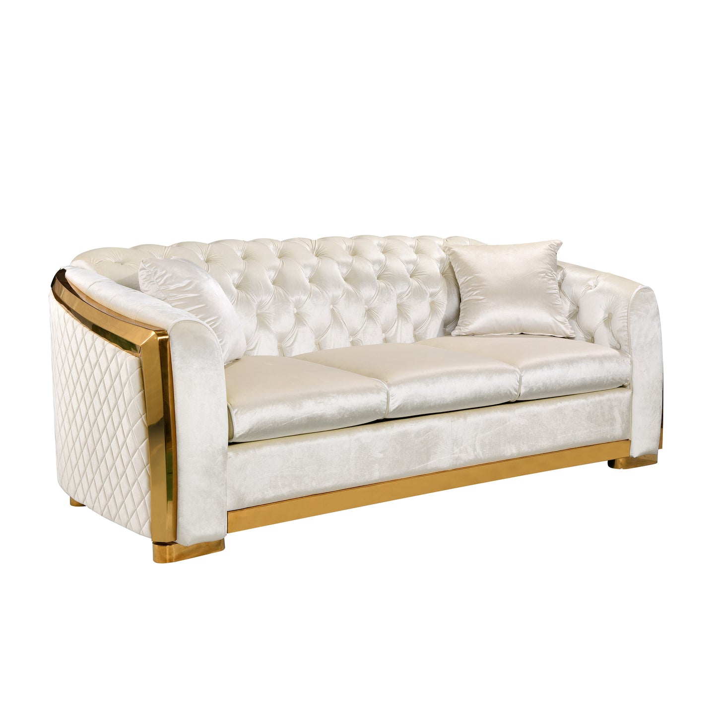 Velvet Luxury Chesterfield Sofa Set, 84 Inches Tufted 3 Seat Couch with Gold Stainless for Living Room, Beige Fabric