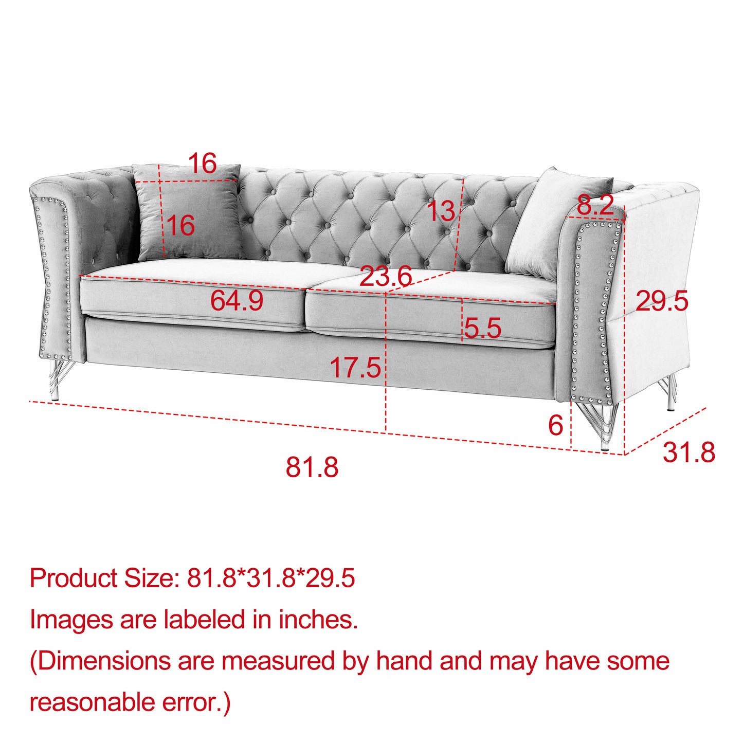 3-seater Combination Sofa Tufted Couch with Rolled Arms and Nailhead for Living Room, Bedroom, Office, Apartment, four pillows