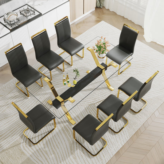 1 table and 8 chairs. Modern simple luxury tempered glass rectangular dining table and desk with 8 black PU gold plated leg chairs 79''x39''x30''