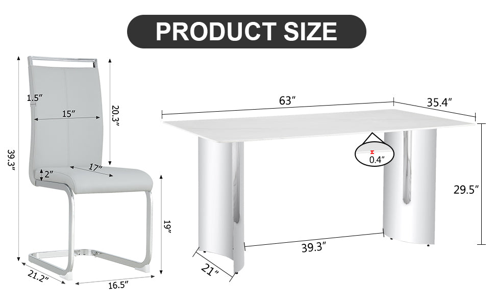 Modern minimalist dining table. Imitation marble glass sticker desktop, stainless steel legs, stable and beautiful. 6 premium PU seats. 63 inches * 35.4 inches * 29.5 inches DT-69 C-1162