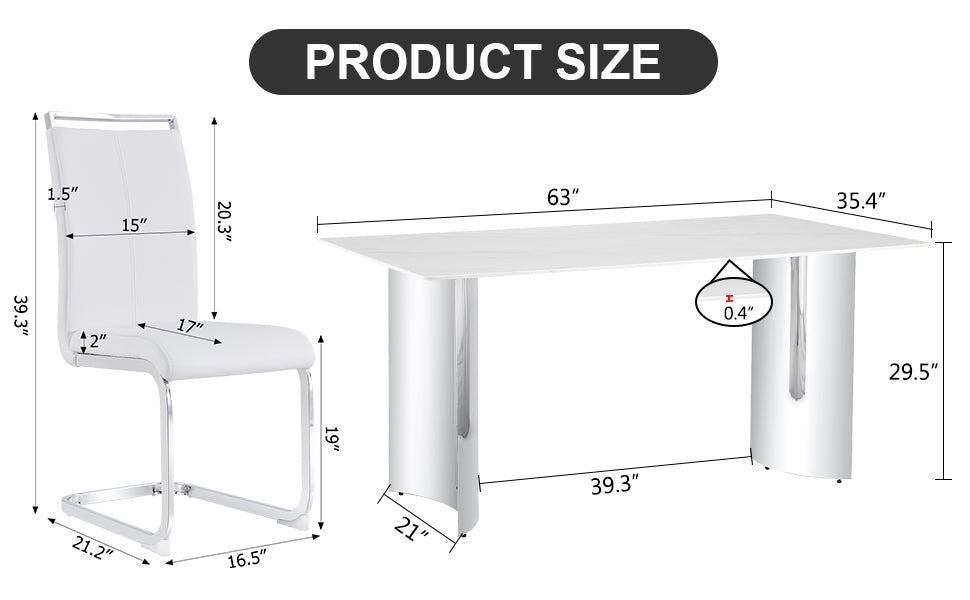 Modern minimalist dining table. Imitation marble glass sticker desktop, stainless steel legs, stable and beautiful. 6 premium PU seats. 63 inches * 35.4 inches * 29.5 inches DT-69 C-1162