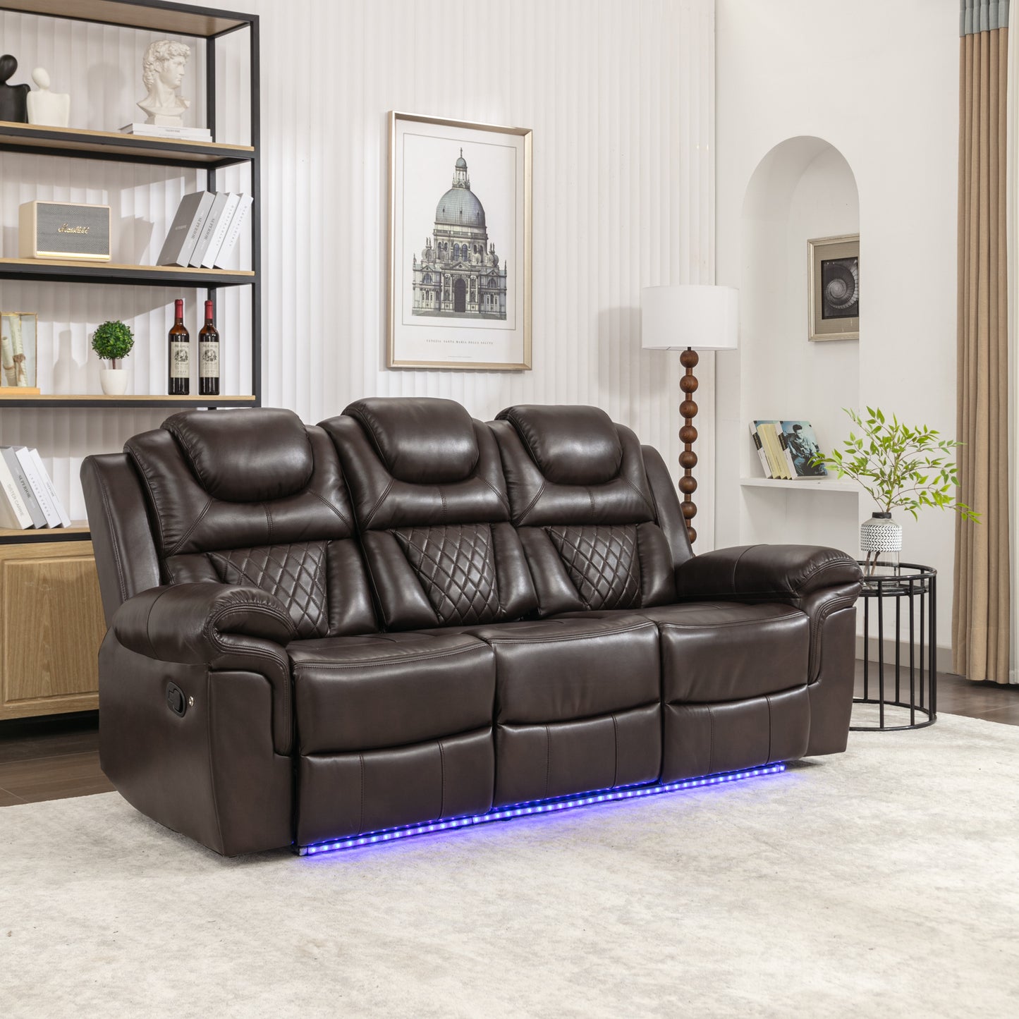 3 Pieces Recliner Sofa Sets Home Theater Seating Manual Recliner Chair with Center Console and LED Light Strip for Living Room, Brown