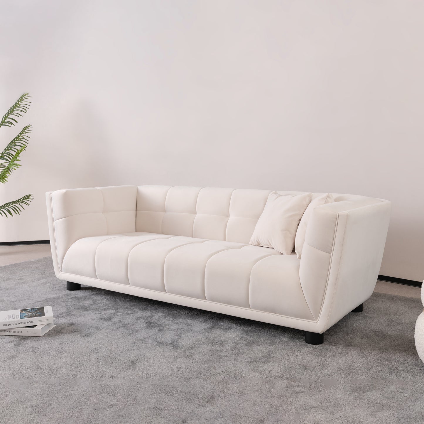 WKS13 Mid-century modern style: simple white sofa, small square design, velvet fabric texture smooth, retro fashion, solid wood feet, 2 people design